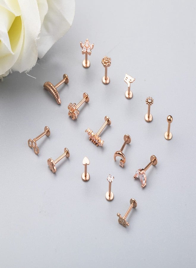 NICEIGHT 15PCS 16G 316L Stainless Steel Cartilage Earring Stud Internal Thread CZ Flower Moon Labret Studs Tragus Helix Monroe Piercing Jewelry Rose Gold - Image 4